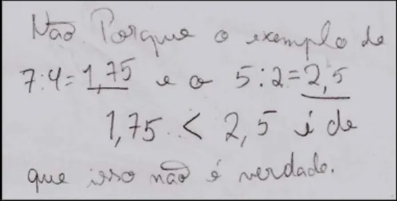 Figura 2 – Resposta de Marco (5.º ano) à questão “Se uma fração tem numerador e  denominador maiores que uma outra fração, será necessariamente maior que esta segunda 
