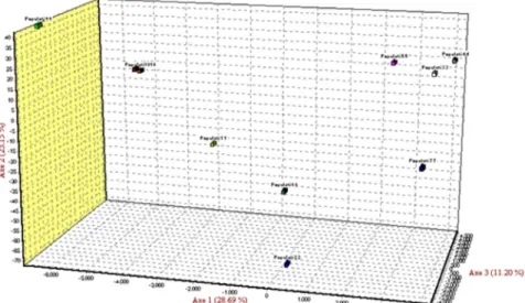 Figure 1. Three-dimensional representation of the distribution pattern of the ten Brazilian tall coconut populations obtained by Factorial Correspon- Correspon-dence Analysis (FCA).