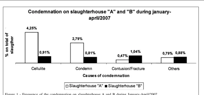 Figure 1 - Frequence of the condemnation on slaughterhouse A and B during January-April/2007.
