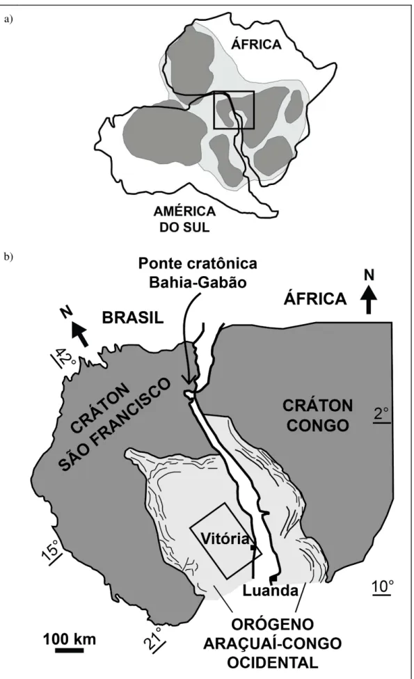Figura 2.1: a) Cráton São Francisco–Congo no contexto do Gondwana Ocidental; b) Orógeno Araçuaí-Congo  Ocidental (modificado de Alkmim et al
