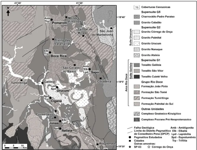 Figura  2.3:  Mapa  geológico  simplificado  da  área  de  estudo,  com  a  localização  dos  pegmatitos  de  interesse  e  ocorrência de minerais de Li