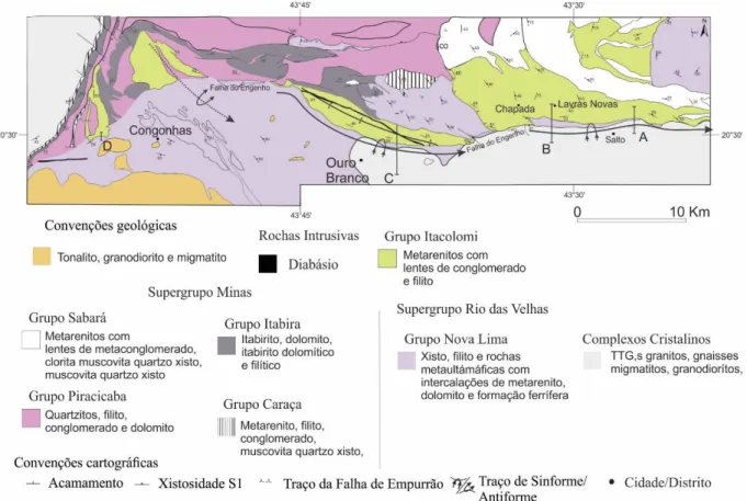 Figura 3.1- Mapa litológico regional com o posicionamento geográfico de cada uma das colunas estratigráficas  levantadas (mod