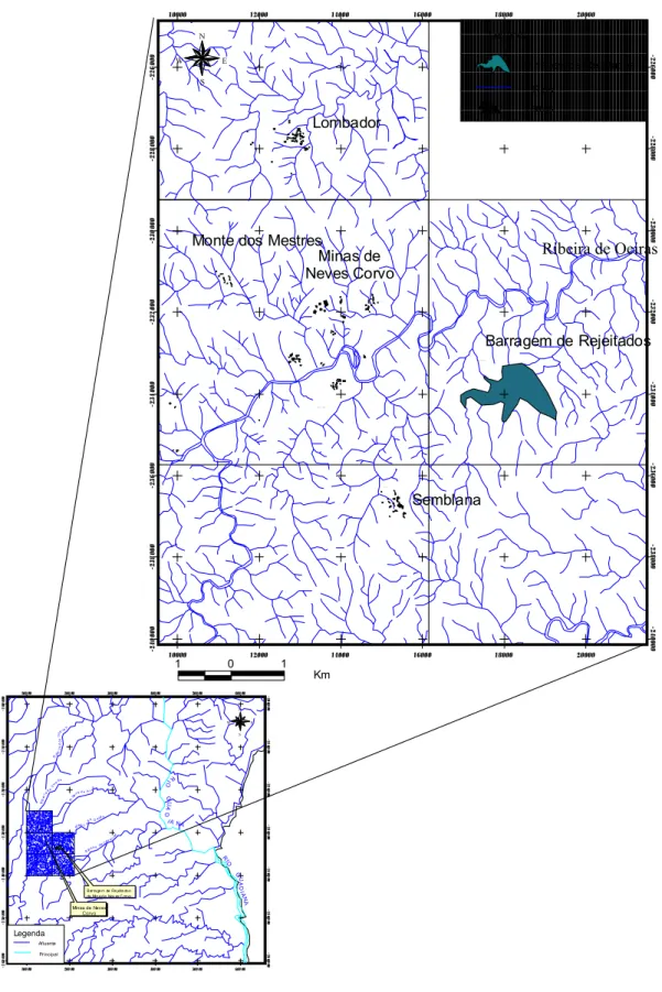 Fig. 2.4.1. Distribuição da rede hidrografica da área de estudo e seu enquadramento ao nível da bacia hidrográfica do Rio Guadiana