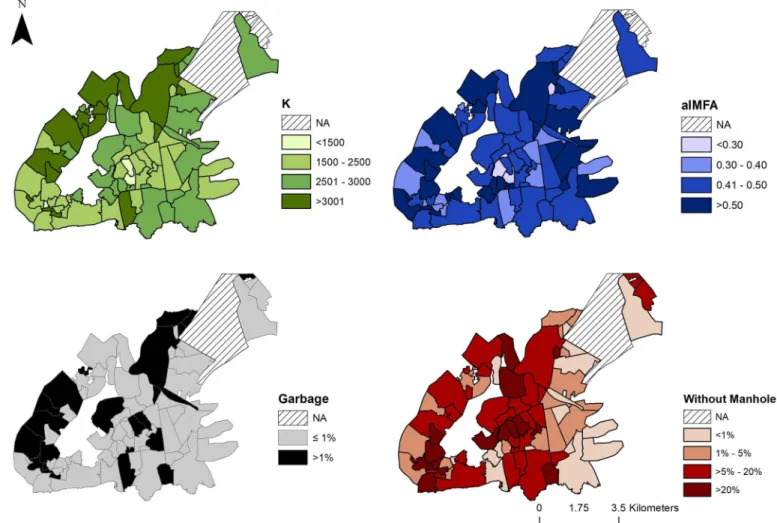 Fig 6. Maps of Vito´ria, ES, neighborhoods. Maps show estimated carrying capacity K (green), the average entomological index aIMFA (blue), % households with garbage in the streets (black) and % households in streets without manhole (red), respectively