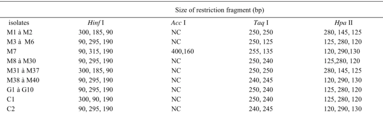 Table 2 - Restriction fragments (bases of pairs-bp) of the endonucleases used in  rDNA internal transcribed spacer (ITS) amplified of Colletotrichum spp