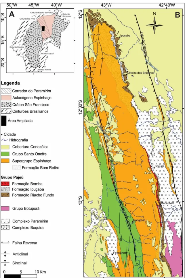 Figura 2.3 - (A) Mapa geológico simplificado mostrando a área de estudo inserida no cráton São Francisco