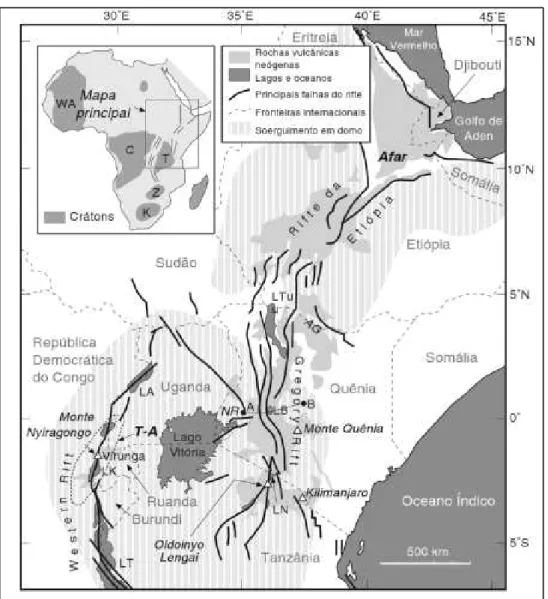 Figura  3.11  – Mapa  do  sistema  de  rifte  do  leste  da  África  mostrando  os  riftes  do  leste  (Gregory), do oeste e da Etiópia