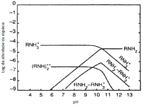 Figura 10 - Diagrama de especiação da dodecilamina em concentração de 1x10-5 M em função do pH  (adaptado de RAO, 2004) 
