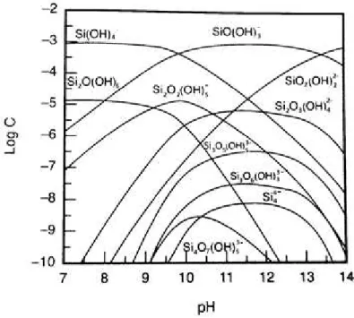 Figura 14 - Diagrama de espécies do silicato de sódio em função do pH (SJOEBERG; OHMAN, 1985 apud  RAO; FORSSBERG, 2007) 