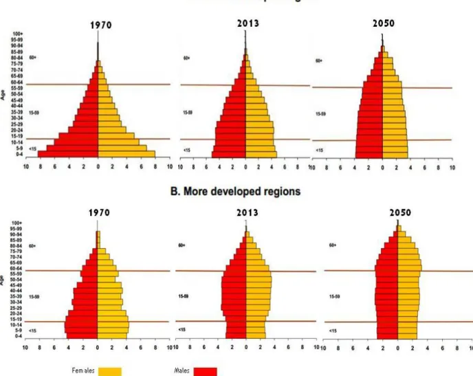 Figura 1 - Population pyramids of the less and more developed regions: 1970, 2013 and 2050   (Fonte: UN, 2013 World Population Ageing) 
