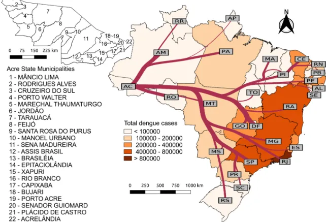 Fig 1. Dengue cases in Brazilian states and airline flow to the state of Acre. The map is colored according to the total number of reported dengue cases in each state during the period of this study (from dengue epidemiological year 2001/2002 to 2011/2012)