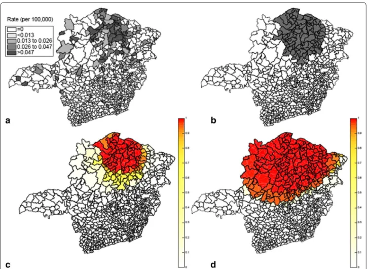 Fig. 6  Chagas disease rates in newborn babies (a), the most likely cluster detected by the circular spatial scan statistic (b), boundary analysis  obtained by the  F  function (c) and intensity function (d)