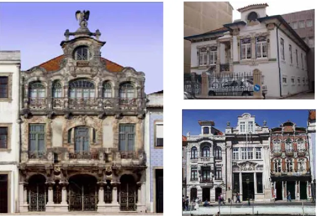 Figura 2 – Exemplos de edifícios em Art Nouveaux com paredes resistentes em adobe e elementos  decorativos em pedra nas fachadas