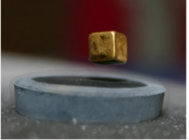 Figura 3.12.: Levitação magnética de um íman cúbico sobre um disco de material supercondutor.