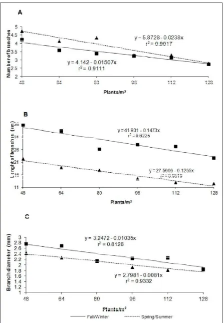 Figure  2  -  Number  of  branches  (A),  length  of  branches  (B)  and  branch  diameter  (C)  of safflower  grown  in  the  Fall/Winter  and  Spring/Summer,  according  to  the number  of  plants  per  square  meter.