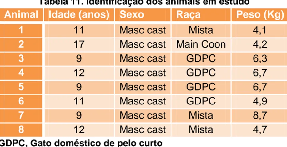 Tabela 12. História, duração dos sintomas e exame neurológico dos 8 animais do estudo 