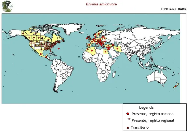 Figura 1. Distribuição mundial de Erwinia amylovora (EPPO, 2012a). 