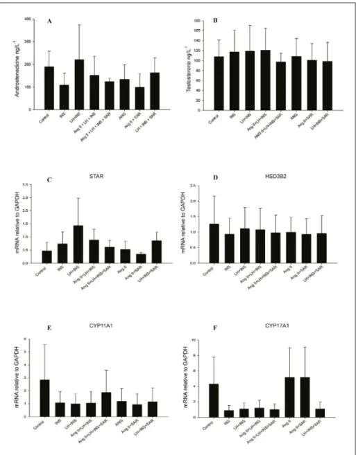 Figure 3 - Effect of an Ang II receptor antagonist (Saralasin) over steroidogenesis in bovine theca cells  cultured in vitro, after 24 hours of treatment