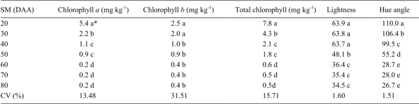 Table 2 - Mean values for contents of a, b, and total chlorophyll and color properties (lightness and hue angle) of “dedo-de-moça” 'BRS Mari' pepper fruits harvested at different stages of maturation (SM).