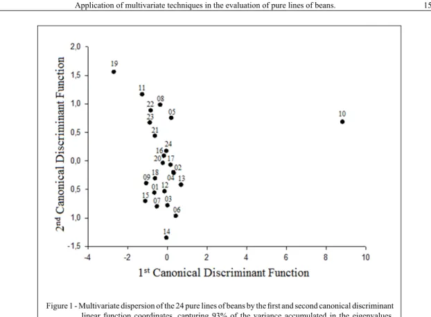 Figure 1 - Multivariate dispersion of the 24 pure lines of beans by the first and second canonical discriminant  linear function coordinates, capturing 93% of the variance accumulated in the eigenvalues