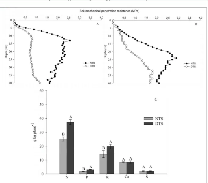 Figure 1 - Soil mechanical penetration resistance against roots before soybean sowing – 2012/13 harvest (A), during the end of ryegrass  cultivation and before another soybean harvest (B), and macronutrient content (C): Nitrogen (N), phosphorus (P), potass