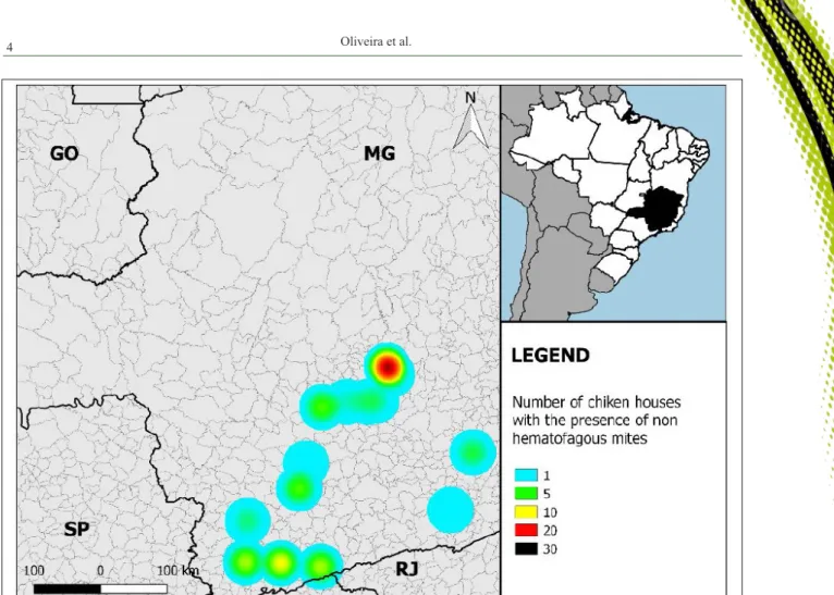 Figure 1 - Municipalities that have chicken houses with the presence of Megninia spp. in the state of Minas Gerais, Brazil, 2012.