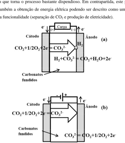 Figura 5 – Representação esquemática a) pilha combustível de carbonatos fundidos e b) bombagem  eletroquímica, respetivamente