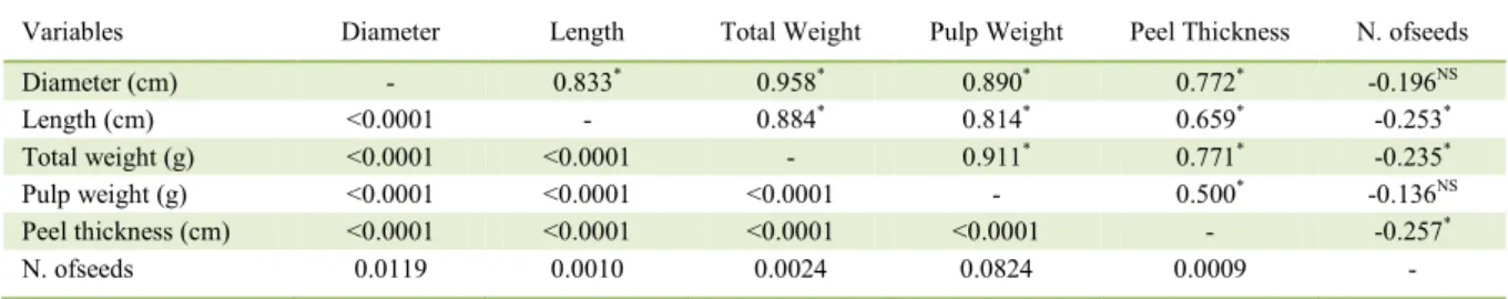Table 2  -  Pearson’s correlation coefficients in the upper diagonal, and associated probability, by the t (P≤0.01) test, on the lower di agonal,  among feijoa (Acca sellowiana) traits