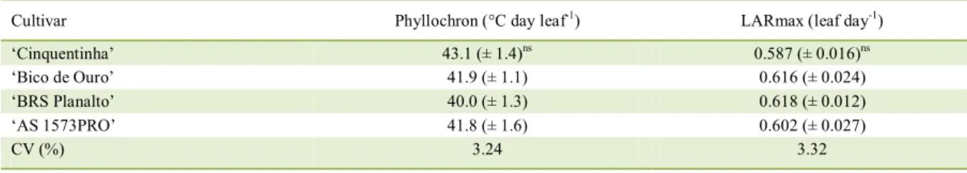 Table 1 - Phyllochron (°C day leaf -1 ) and maximum leaf appearance rate (LARmax, leaf day -1 ) of the cultivars ‘Cinquentinha’, ‘Bico de  Ouro’, ‘BRS Planalto’ and ‘AS 1573PRO’.Values between parentheses are the average standard deviations