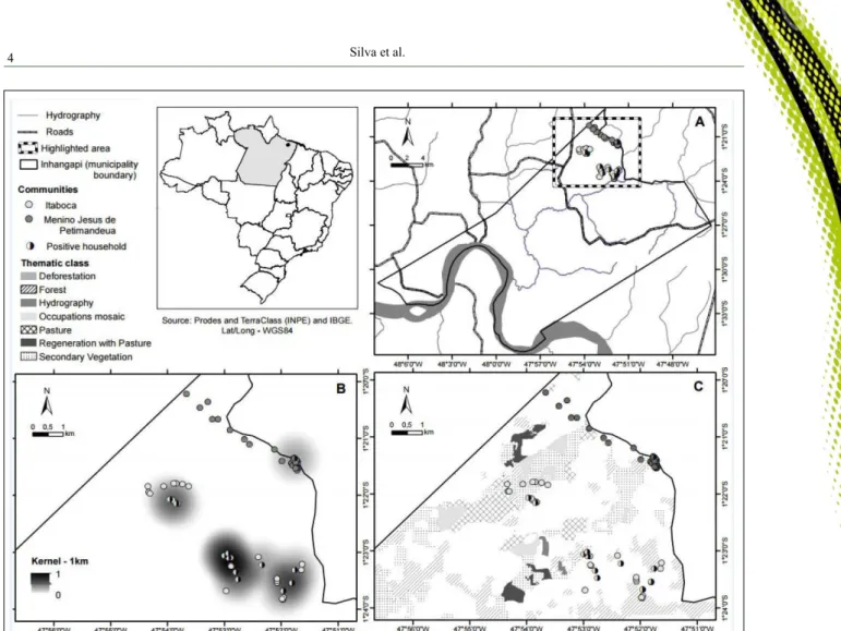 Figure 1 - Geographical location of the study area. (A) Municipality of Inhangapi: map showing the spatial distribution of residences and  dogs infected with Leishmania infantum in the communities of Itaboca and Menino Jesus de Petimandeua