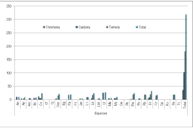 Gráfico 4 - Número de árvores por espécie em relação à posição das raízes 