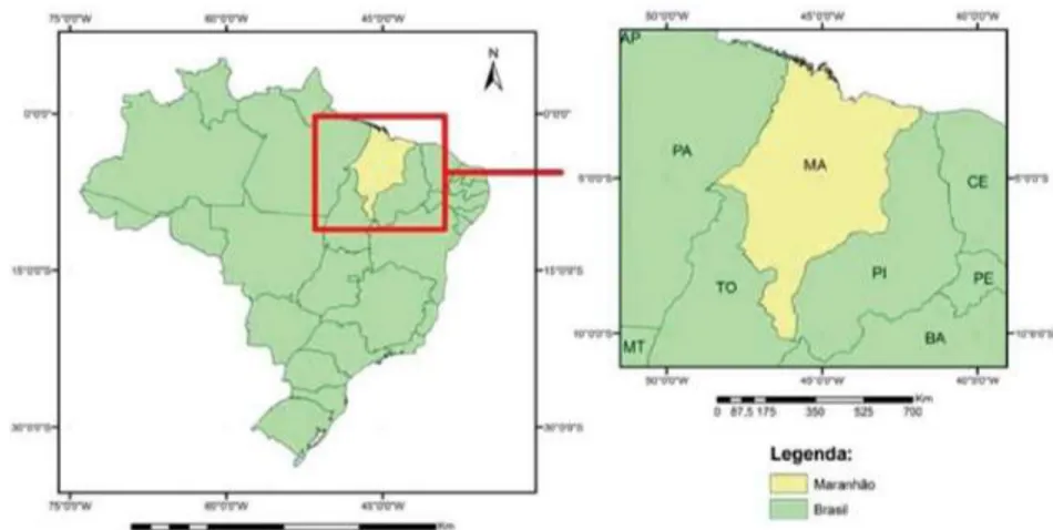 Figura 5. Localização geográfica do Maranhão. Fonte: Nascimento, F.C.A. (2017)  Adaptado por Pinto, K.S