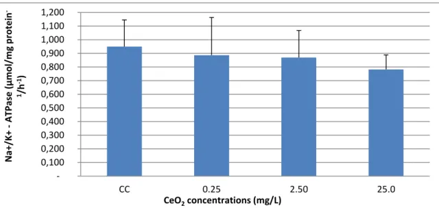Figure  4:  Na+/K+-ATPase  activity  (µmol/mg  protein-1/h-1).  CC  (Control  concentration);  0.25  (Low  Concentration (LC)), 2.50 (Medium Concentration (MC)), 25.0 (High Concentration (HC)).