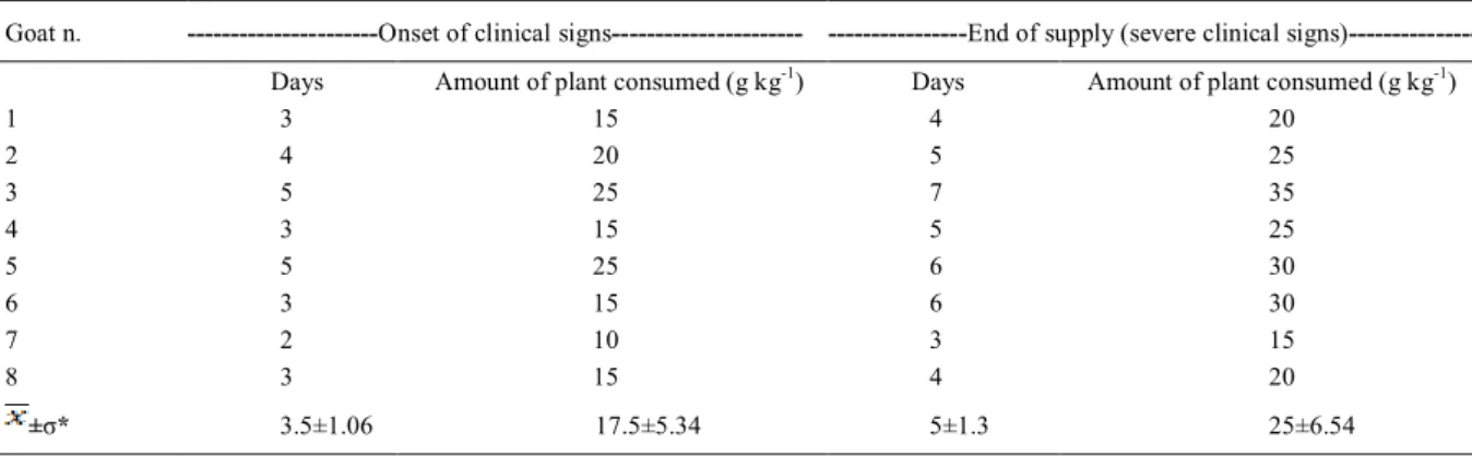 Table 1 - Time of intake and amount of Amorimia septentrionalis ingested by the control  group (Group 2).