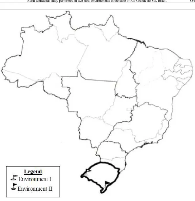 Figure 1 - Map of Brazil highlighting the state of Rio Grande do Sul and indicating the sites where the study was developed