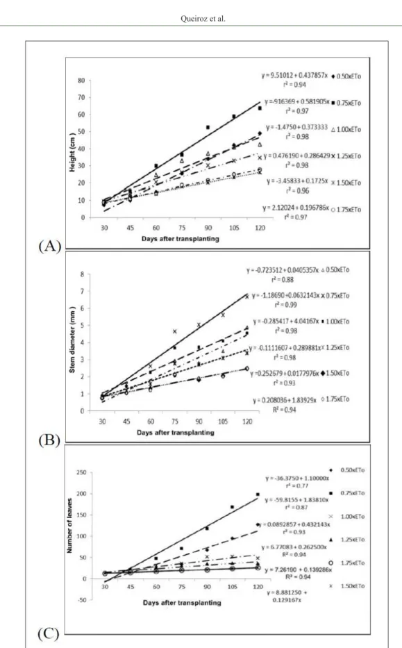 Figure 1- Simple linear regression of Eucalyptus globulus growth under different water regimes  evaluated biweekly during 120 days