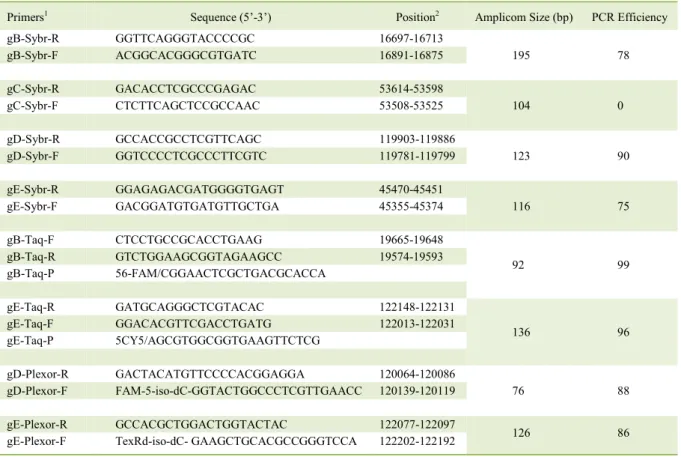 Table 1 - Primers used in this research for molecular detection of SuHV-1 targeting different genomic regions and using different qPCR  chemistries