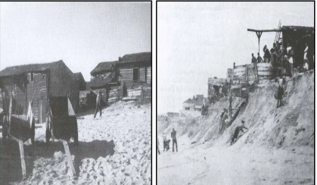 Figura 2.12 – Palheiros e recoletas do Furadouro. Avanço do mar em 2 de Fevereiro de 1912 (Fotos: In  Lamy e Rodrigues, 2001).