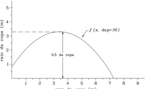 FIGURA 5: Curva representativa do raio de copa para um cedro com DAP de 30 cm. 