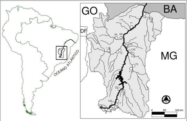 FIGURA 1: Mapa de localização geral dos vinte fragmentos inventariados, inseridos no complexo da Bacia do  rio São Francisco, no estado de Minas Gerais