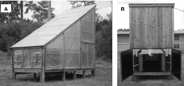 FIGURA 1: Secador solar utilizado no estudo: vista da parede norte (A) e parede sul (B)