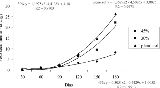 FIGURA 4:  Valores médios de peso da matéria seca (g) da raiz de  Tabebuia aurea após 30, 60, 90, 120, 150  e 180 dias de cultivo em sacos de plantio, em três condições luminosas