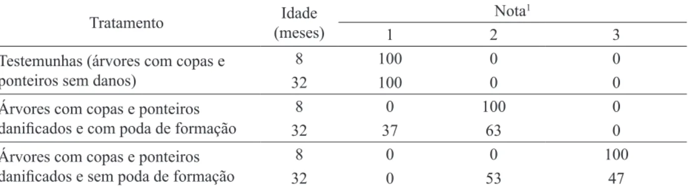 TABELA 2:  Frequência percentual média de notas sobre qualidade de fustes em árvores de eucalipto  híbrido (clone de Eucalyptus  grandis vs Eucalyptus urophylla), em local de ocorrência de  ataque por Lampetis nigerrima (Kerremans, 1897)