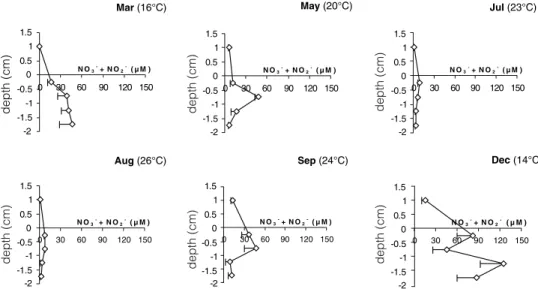 Fig. 4 Average (-s.d.) HPO 4 2– concentrations in overlying water and along porewater profile (0–2 cm) of muddy stations (Rm m , Cul m , Tv m ) in March, May, July, August, September and December