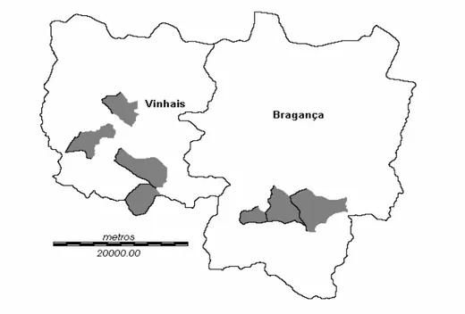Figura 7 – Locais de Bragança e Vinhais onde se isolou Phytophthora spp. associada com a doença da  tinta do castanheiro (Castanea sativa) nas acções de prospecção