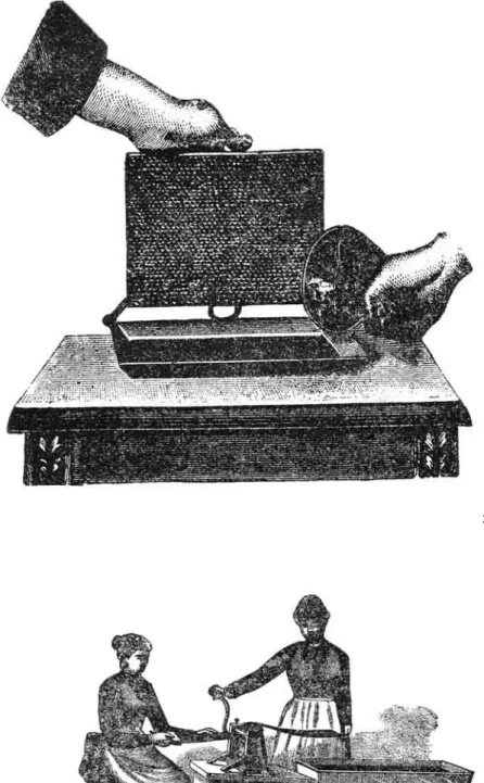 Fig. 9 - Prensas para moldagem de placas de cera. 1 - Prensa Rietsche (SEQUEIRA 1895) 2 - Prensa de  cilindros Root (SEQUEIRA 1895)