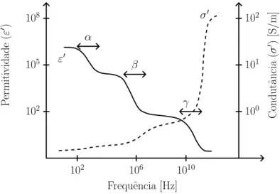 Figura 2.1 – Bandas de dispers˜ ao: dependˆ encia da permitividade (ε ′ ) e condutˆ ancia el´ etrica (σ ′ ) com a frequˆ encia em tecido biol´ ogico.