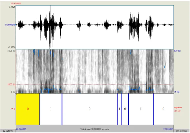 Figure 3.1: Example of 30 seconds annotated audio segment from the data set. On top, recorded signal’s waveform