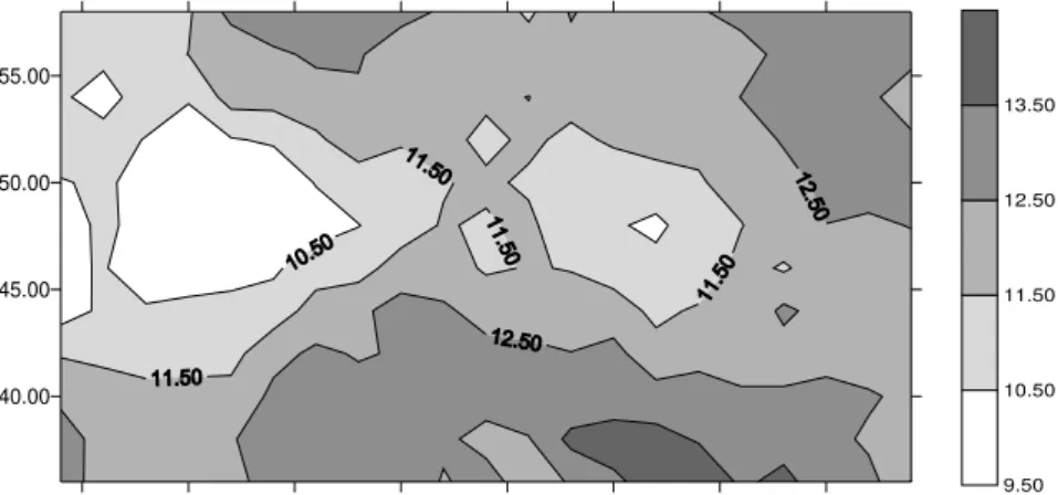 FIGURA 9: Distribuição espacial do acréscimo da altura da planta (cm), para parcela IV, silvicultura de  precisão, referente ao intervalo de um ano (01/03/03 a 01/03/04)