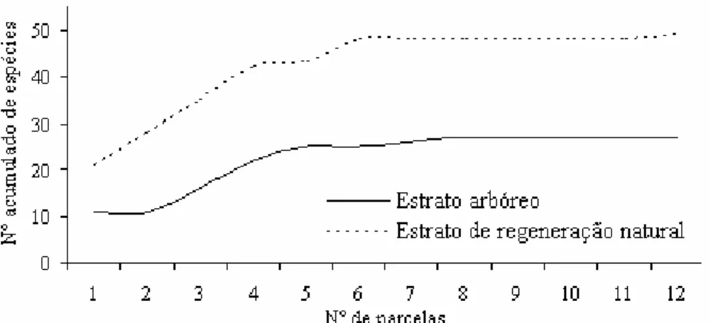 FIGURA 2: Curva cumulativa das espécies amostradas na regeneração natural de um povoamento de acácia- acácia-negra, em Cristal, RS